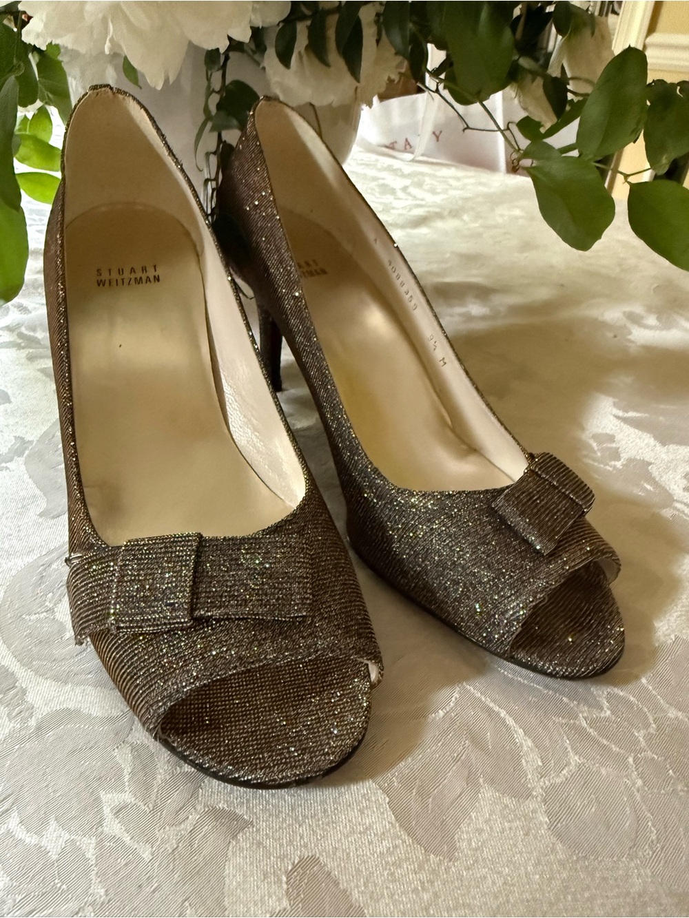 Stuart Weitzman Pyrite Nocturn Peep-Toe Pumps with Bow Accent 9.5